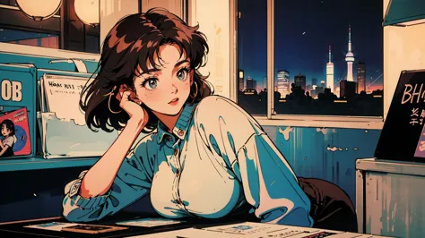 1 Japanese girl, 1980s, alone, retro, 1 woman, 21 years old, beautiful woman, Bob hair, black eyes, Wearing large headphone, at record shop, listening to Citypop music, brown hair, record shop, night, 1980s Tokyo, 1980s sexy blouse