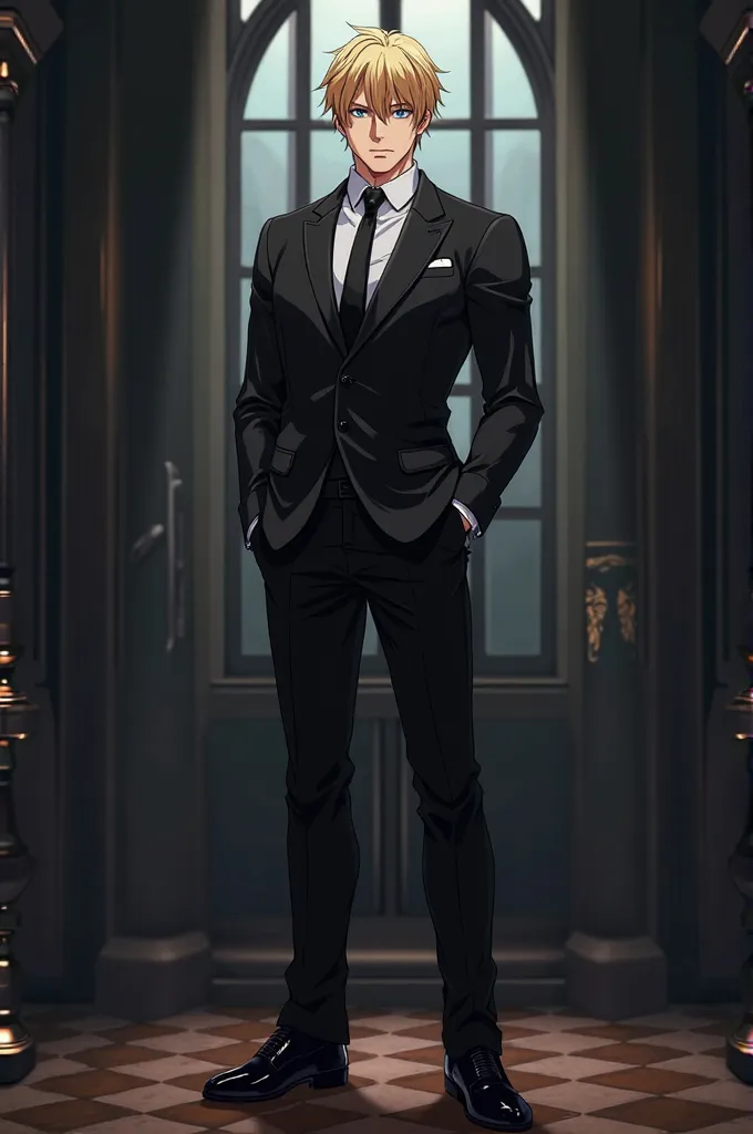 Armin Arlert older adult man blond blue eyes muscle with tattoo, with black suit elegant full body shoes, dark background with large window anime style Full HD
#ArminArler