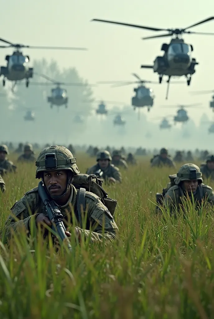 200 SOLDIERS LYING DOWN IN THE GRASS,MANY HELICOPTERS ABOVE THEM in RATIO OF 16:9