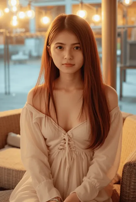 A beautiful Thai girl is sitting on the sofa outside the mall, sportslight white neon lights are lit, the atmosphere is warm, soft, dreamy, onsen and ice Snow, medium breasts, pinkish-white skin, blown and red long hairstyles., Naked