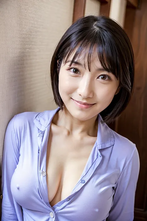 35 year old lovely married Japanese woman、eyes are slender and sharp, but she has a nice smile、She has a slim figure, but、Breasts are moderately bulging、wearing pajamas in the bedroom but the buttons are still open、 showing a little boob、I like having sex、...