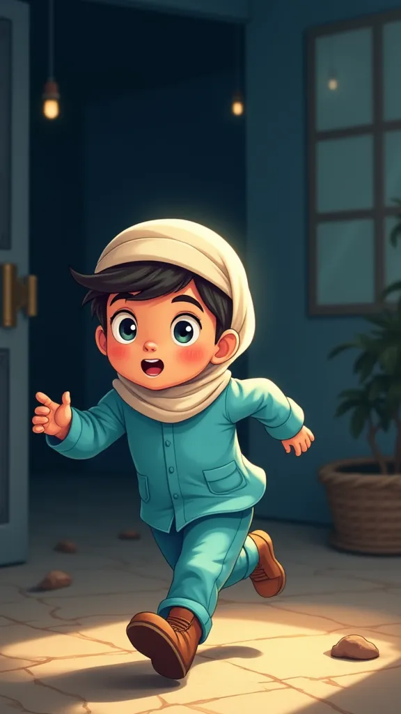 Create a cute a4 size cartoon. A  boy wearing a blue shirt, a cream-colored veil is islamic, is running to the bathroom and then there is a dark window at night.