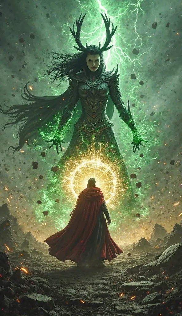 "A highly detailed and realistic battle scene between Hela and Doctor Strange from Marvel Studios, set in a dramatic, darkened landscape filled with the remnants of a shattered dimension. The sky is torn, swirling with black voids and flashes of cosmic ene...