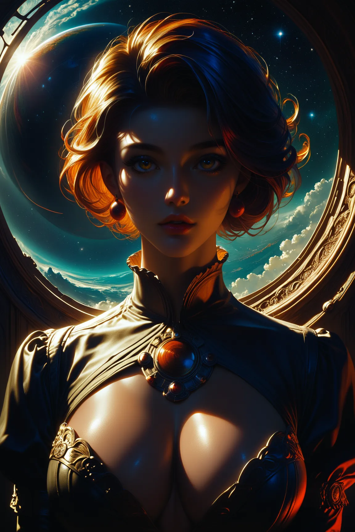 ((best quality)), ((masterpiece)), (detailed), perfect face, surreal, art nouveau, in the illustrative style of moebius, spaceships, aliens, fantasy, sci-fi, graphic novel, line drawing, french retro, huge breasts, cleavage,