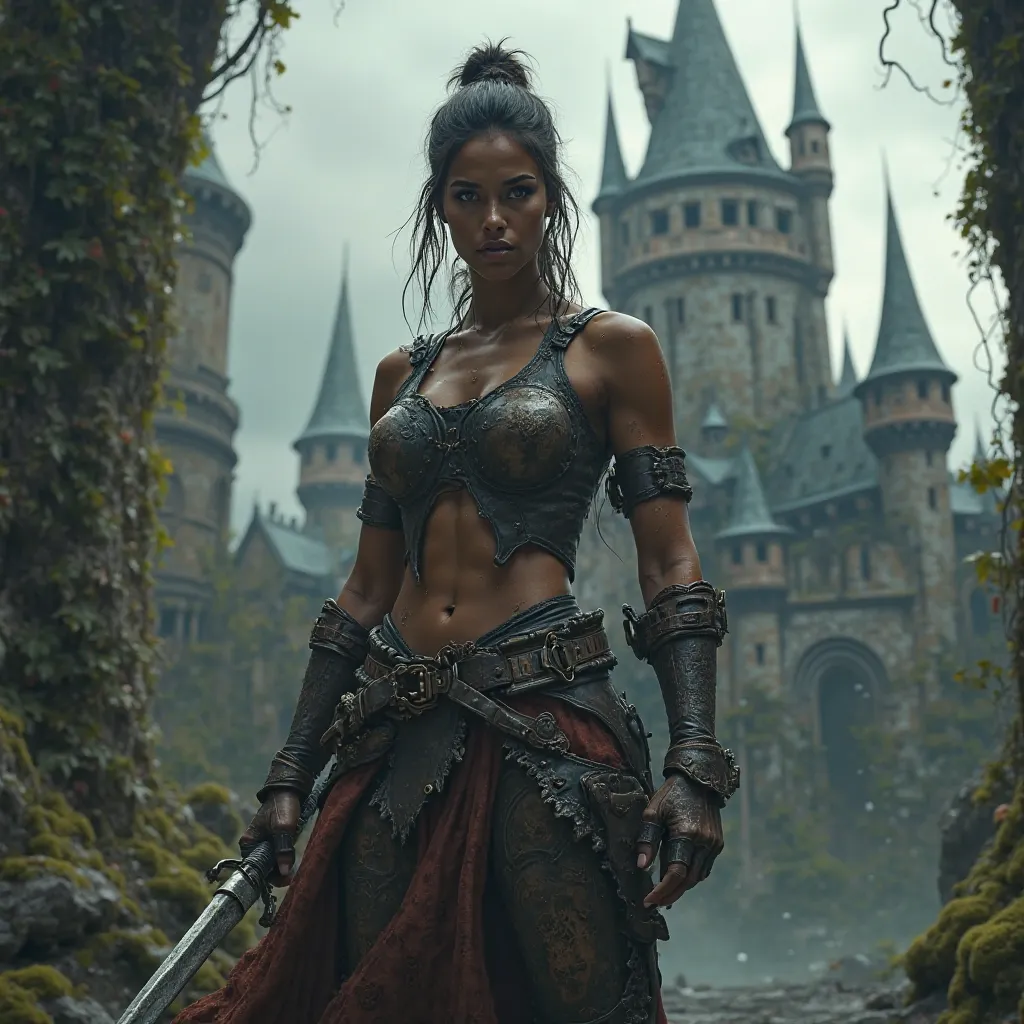 Brown female warrior in the background of a haunted castle 
