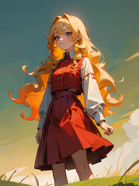 Adult female with blonde curly long hair , wearing a red blouse connected to a skirt , standing in a grassy planes, Masterpiece Quality , Perfect Generation 