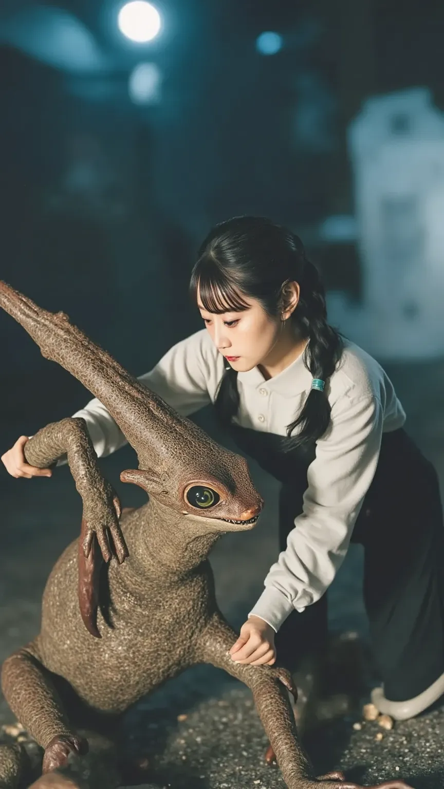 A brave Japanese woman faces off against a grotesque alien creature in an intense battle scene. She is unarmed, relying only on her agility and martial arts skills. Her determined expression shows courage and focus. The alien is monstrous, with twisted lim...