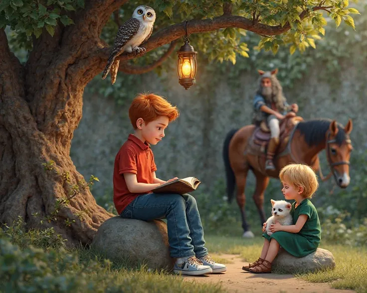 Create a REALISTIC HD 8K PHOTO image where a boy is sitting on a rock reading the bible, behind the boy there is a tree where on a branch there is an owl,And next to the owl there is a hanging lamp burning, The boy is dressed in blue denim pants and a red ...