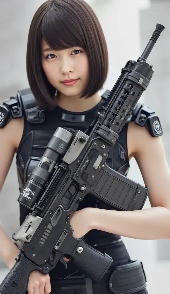 (( short bob cut hair  ))、 full body,   beautiful, Heavily armed,   And wearing heavy armor in a combat spaceship , BATTLE FORM   , Showing a strong face,    (((Firing a machine gun, One of her high powered weapons))) 、   Female Soldier with Asian Characte...