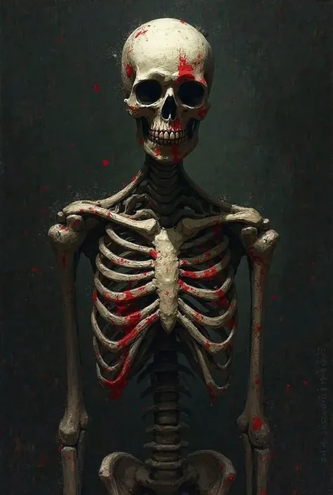 A drawing of a skeletal figure with black eyes, spotted with red