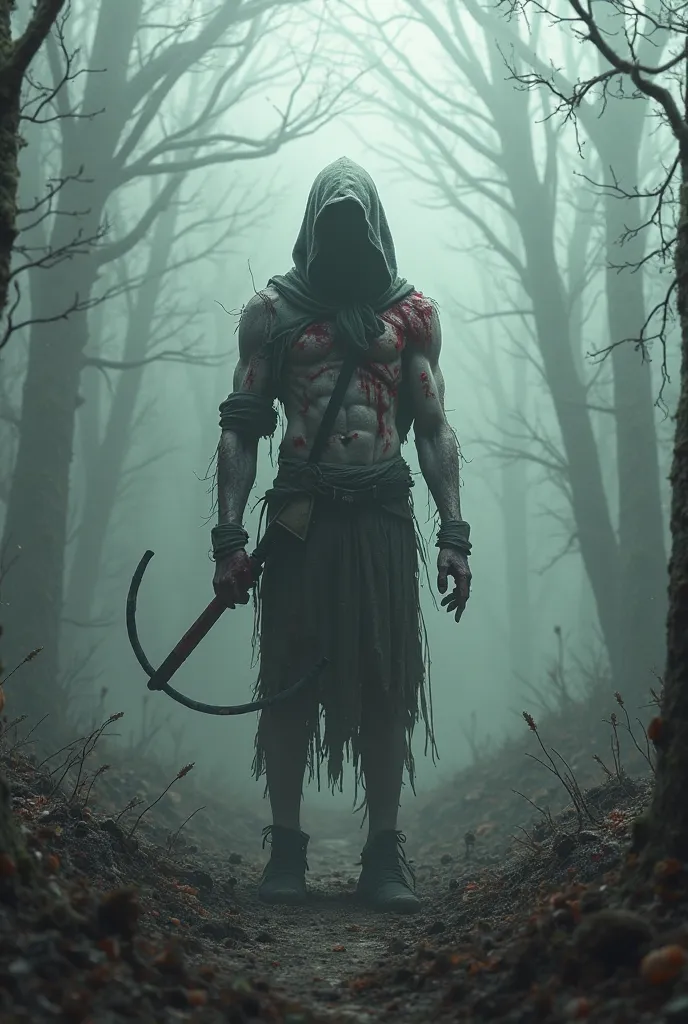 A withered and rotten forest, a dense fog, a desolate wasteland, a bloodstained zombie archer, wounded, infected, rotten , manchado de sangre, Gore, body horror 