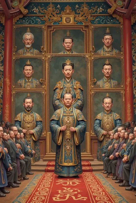 In a massive East Asian palace closed grand hall portraits drawn of former 9 emperors.