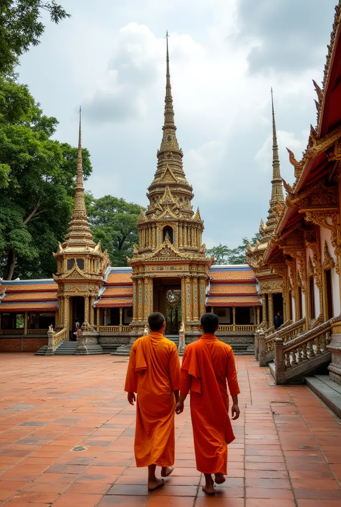 Buddhist temple courtyard; two young adult monks in vibrant orange robes, walking away from viewer; intricate, multi-colored, decorative structures; tiered pagodas; ornate, mosaic tilework;  terra cotta bricks, courtyard; lush green trees; cloudy sky;  his...