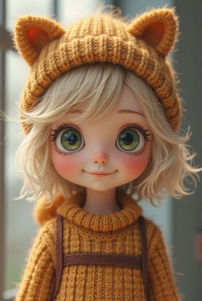 A girl with short blonde hair, she’s wearing a tan sweater with 2 brown stripes across her chest. Caches and a tan cat beanie. She has green eyes 