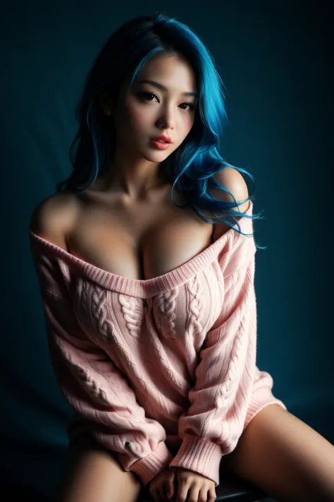 SYNTHWAVE STYLE DESIGN VIBRANT COLORS. Huge breasts , cleavage, round breast, young asian girl. off the shoulder sweater, panties, with long blue  hair. Full lips.Solid color background, arms behind back, sitting, 