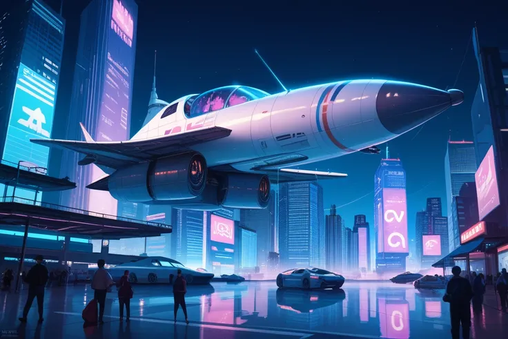 A cyberpunk floating city at night, detailed and futuristic. The skyline is illuminated by blue neon lights, with towering skyscrapers and transparent skywalks. Massive airships float between buildings, and holographic advertisements project into the air. ...