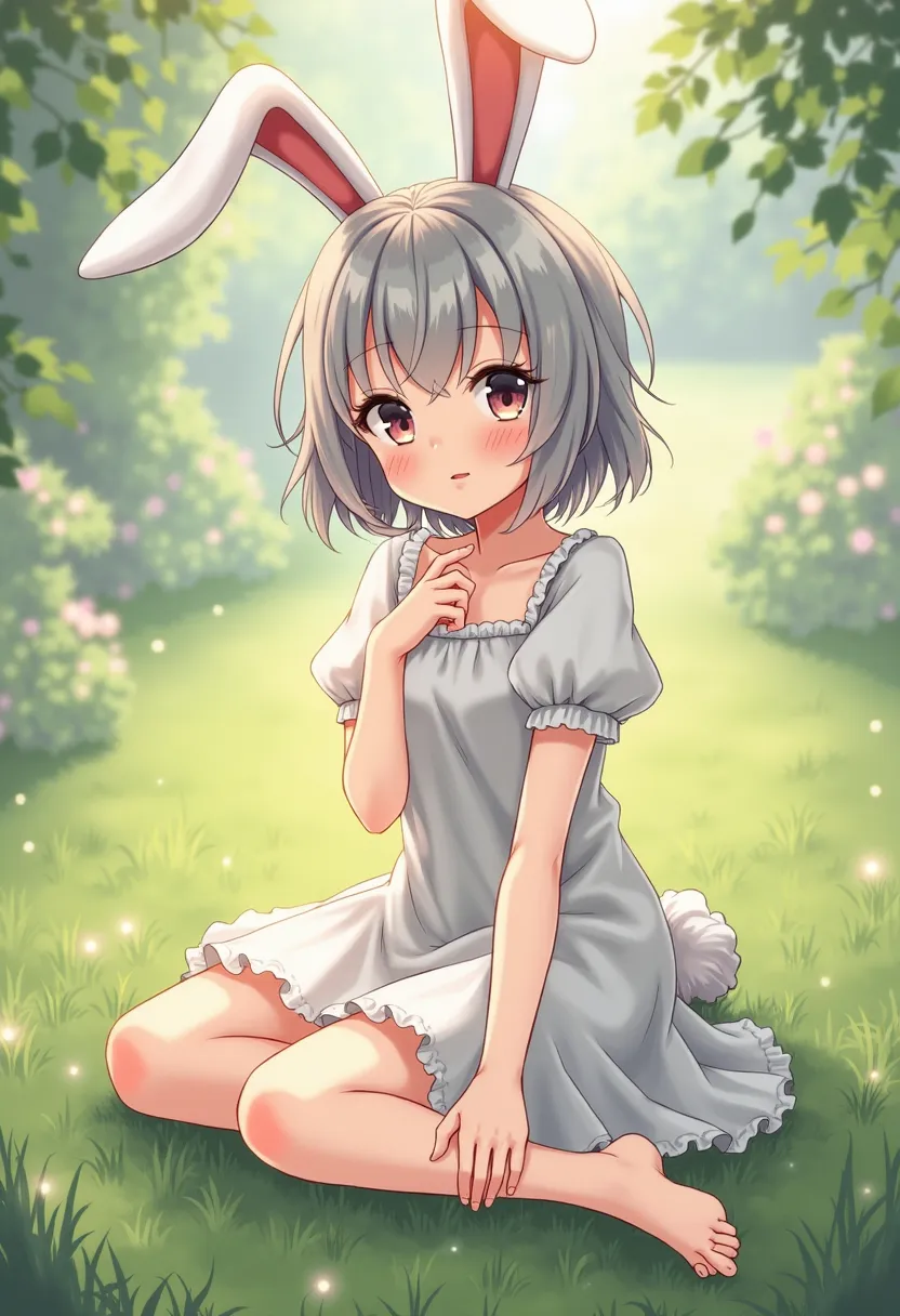 ((masterpiece, best quality)),1girl, solo, animal ears, rabbit, barefoot, skirt, sitting, rabbit ears, short sleeves, (teasing, shy, blushing: 1.3), looking at the audience, grass, short hair, gray hair, puff sleeves, outdoors, fluffy short sleeves, bangs,...