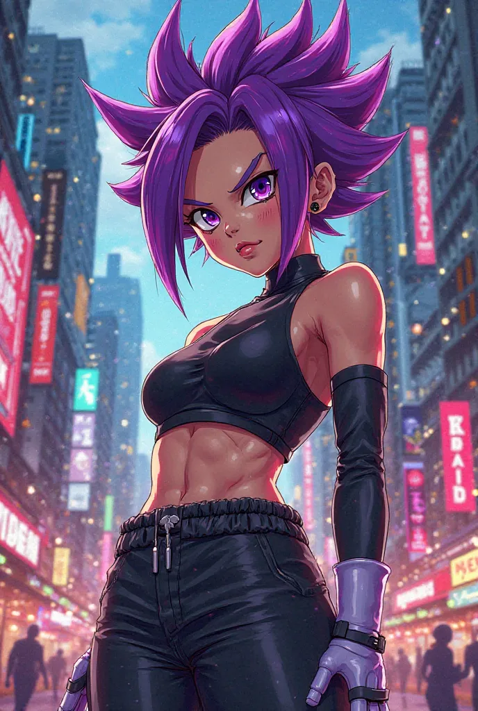 Please make me purple anime character like dragon ball style with city guy