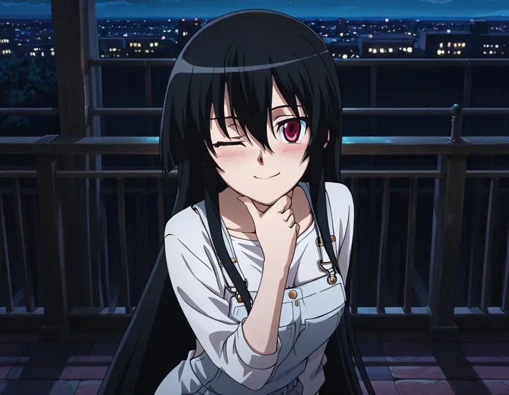 1girl, solo,Akame, red_eyes, black_hair, very_long_hair, hair_between_eyes, medium_breasts, wearing a plain white shirt, light blue overalls,smile, one eye closed, looking at viewer, blush,stroking own chin,outdoors, night, cityscape, balcony,anime, screen...