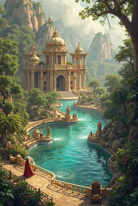 A vast heavenly garden with rivers crystal clear flows under it, filled with shady trees bearing bushy fruits like dates, grapes , and pomegranate. The golden soft light illuminates every corner,  creating a peaceful atmosphere . In the center of the garde...