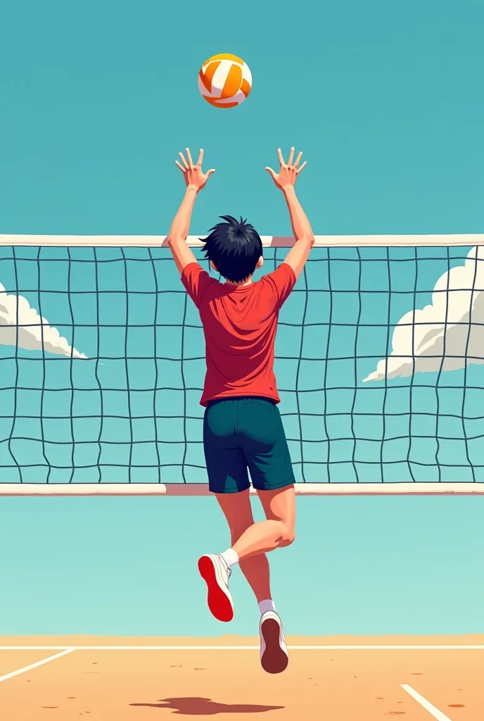 Take a picture of an adult with black hair,  gray eyes, height of 1,95, wearing a volleyball suit like the one in the haiku series and who is hitting a ball to score a point in training, who can only be seen with his back and jumping over the net hitting t...