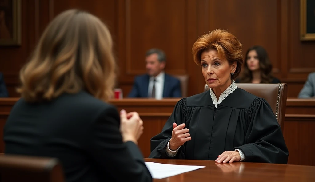 Here’s a thumbnail prompt for your image generation request:

**Prompt:**  
"A realistic high-quality image of Judge Judy, an iconic American TV judge, sitting sternly on one side of the frame in her courtroom setting. She wears her signature black robe wi...