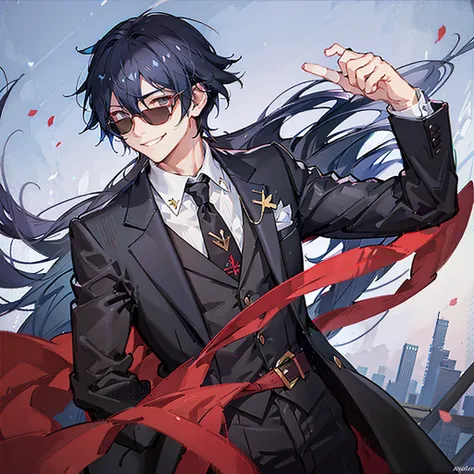 (1 boy), Anime boy, cute boy, crimson eyes, detailed eyes, long eyelashes, dark blue hair; long flowy hair, one-sided fringe, shoulder-length hair, red sunglasses with black lenses, mischievous smile, smiling with teeth, black suit, white collared shirt, b...