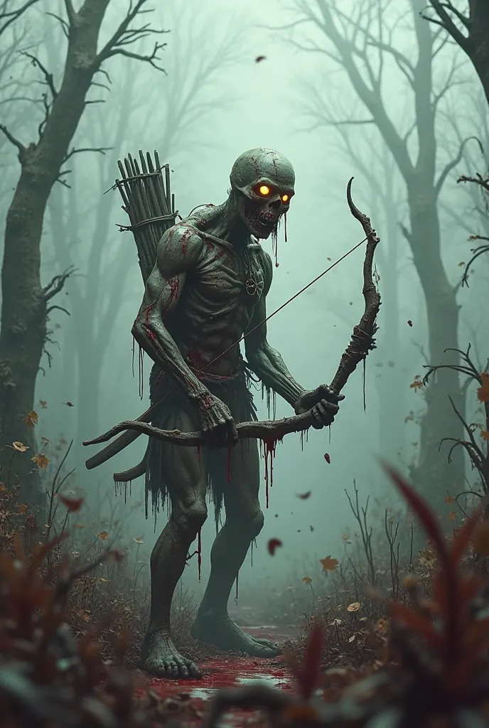 A withered and rotten forest, a dense fog, a desolate wasteland, a bloodstained zombie archer, wounded, infected, rotten , bloodstained, bright yellow eyes, Gore, body horror 