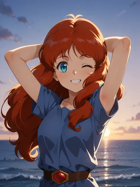 an anime style female character, solo, cham fau, 
seisenshi dunbine, smile, open mouth, 

grin, one eye closed, 
arms up,


looking at viewer, 
, ocean, 8K, UHD, masterpiece, anime shading, anime lighting, 