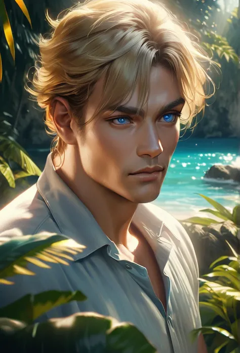 male, Super Detail, blond hair,  paradise, Blue Eyes,  handsome, Alone