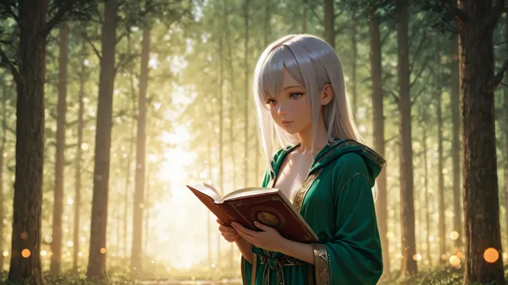 Hi-Res, 4K quality ,HDR, Ultra Fine Painting,Photorealistic,bright colors,Bokeh Background,great philosopher, is wearing a robe,Alone,intellectual,Diversity,holding a book in its hands, neutral, young,cute face,beautiful face,odd-eye, Silver Hair,small bre...