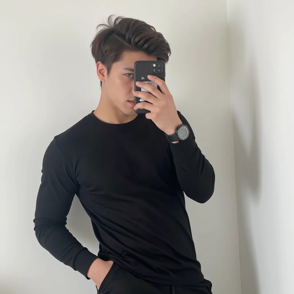 A young man taking a selfie,  with dark green eyes and seductive, Italian , white , elegant ,  perfect face and boy  , cristiano cline, , Alexander hodges, And that's a profile picture-like selfie in a white room , realistic photograph and Arerafe 8k boy w...