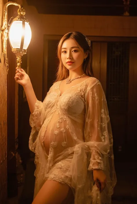 (top-quality, ​masterpiece, 8K HDR high-resolution, NSFW, ultra-wide full body portrait), (a 20yo young beautiful gorgeous voluptuous thick busty curvy Asian), perfect large perky breasts, straight long hair, nighttime with bright lantern light, natural be...