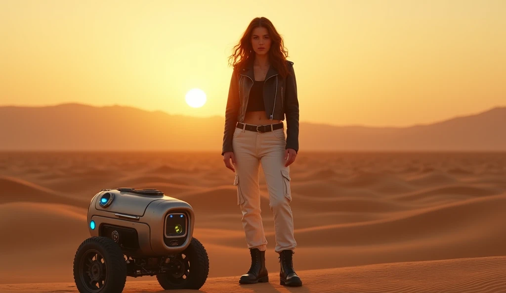 hyper-realistic cinematic medium shot, Lyra (27-year-old girl, wavy chestnut brown hair, stylish cropped black leather jacket, high-waisted white cargo pants, sleek black ankle boots) standing confidently on a desert planet, a low-profile robot (small, rou...