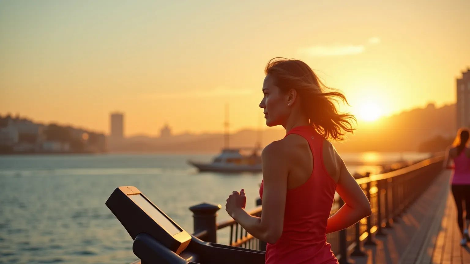 A young European woman with slightly wavy, light-brown, shoulder-length hair jogs along a treadmill along the waterfront of a European city on a summer morning. The sun rises over the water, casting a warm glow as the city comes fully awake. The vibrant hu...