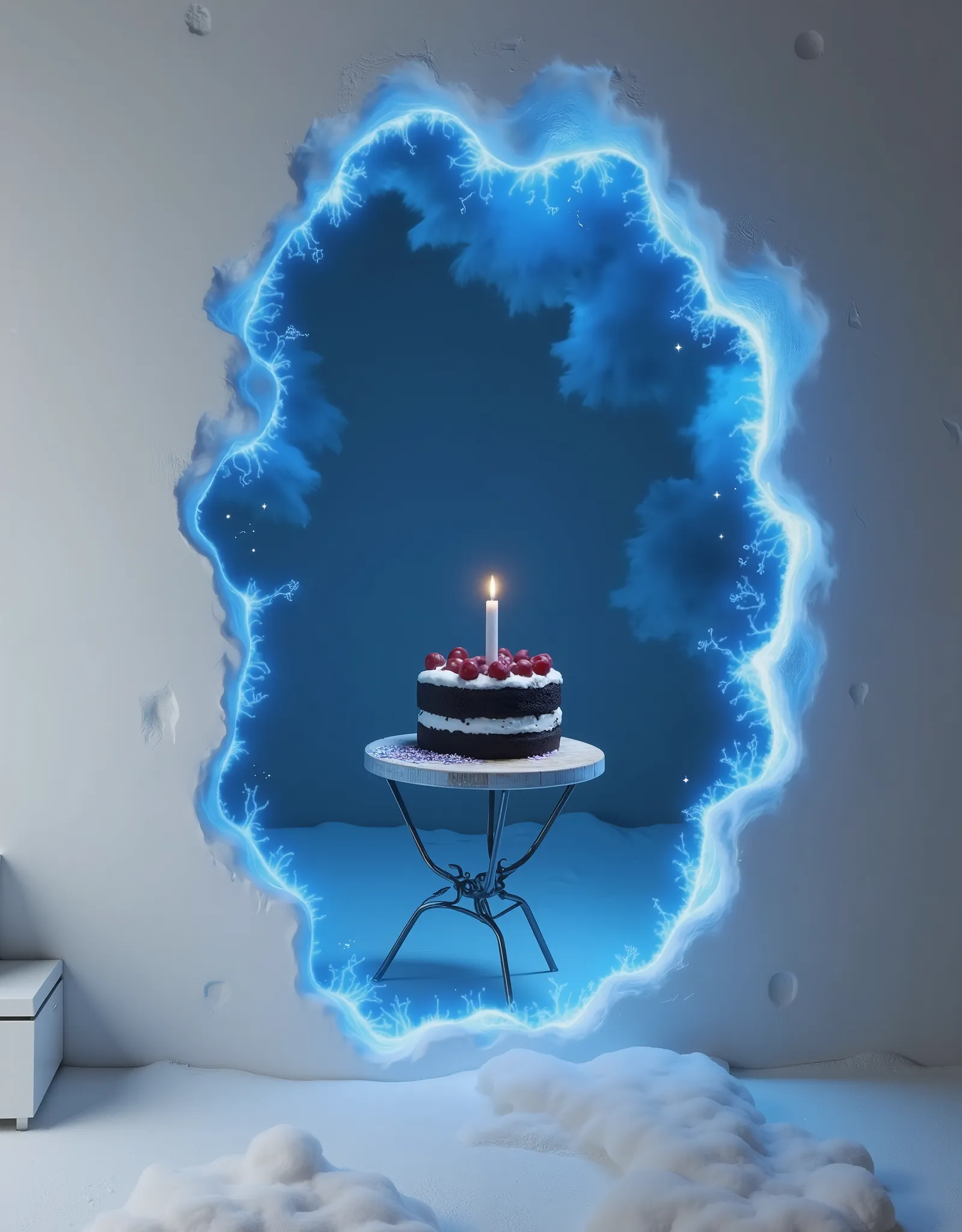 portal._219, a portal with a glowing blue border on a white wall in an empty room, on the other side of the portal you can see a "Black Forest Cake" on a small table, one lit candle on the cake