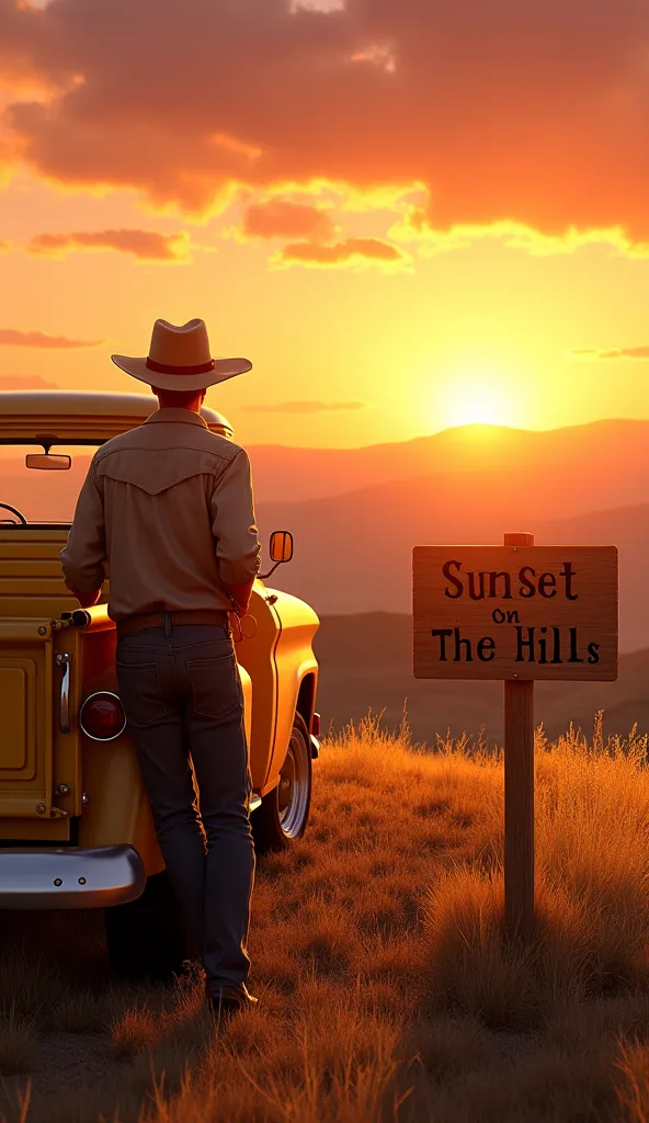 "A highly realistic and cinematic digital illustration of a cowboy leaning against a vintage yellow pickup truck, gazing at a breathtaking sunset over rolling hills. A wooden sign with the song title 'Sunset on the Hills' stands nearby. The scene captures ...