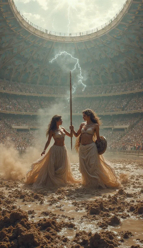 The goddess Athena and the goddess Aphrodite fighting in mud in the middle of a stadium 