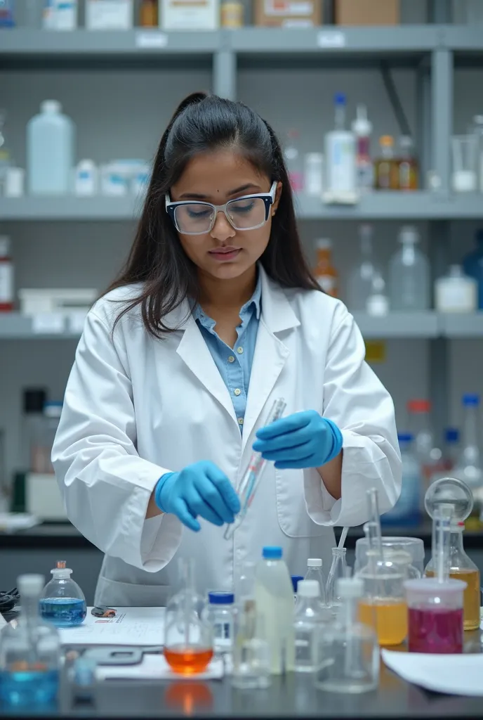 "A Sri Lankan female scientist working in a modern laboratory, wearing a white lab coat, and gloves. She is handling laboratory glassware, conducting an experiment with test tubes and chemical solutions. The background shows lab equipment, shelves with che...