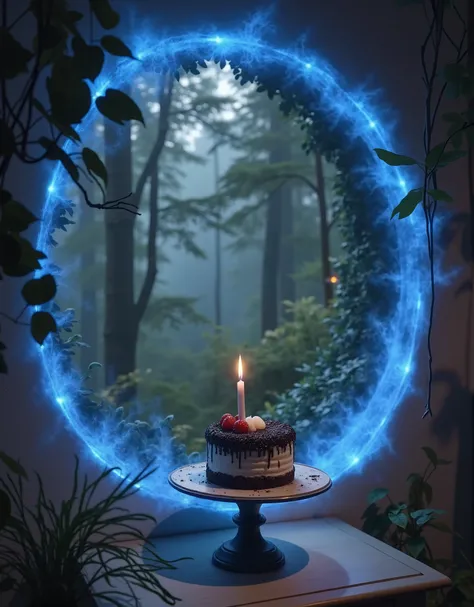 portal._219, a portal with a glowing blue border on a white wall, inside the portal you can see a Black Forest Cake on a small table, one lit candle on the cake