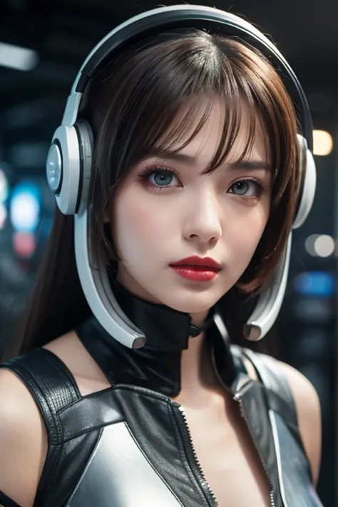  close-up of a woman wearing a futuristic helmet and red lipstick, Cyberpunk Jackie Wells, cgsociety 9,  style for stilets = Retro futuristic ,  beautiful android woman ,   female android ,  retro futuristic fashion , movie「 Blade Runner 」Still image of, F...