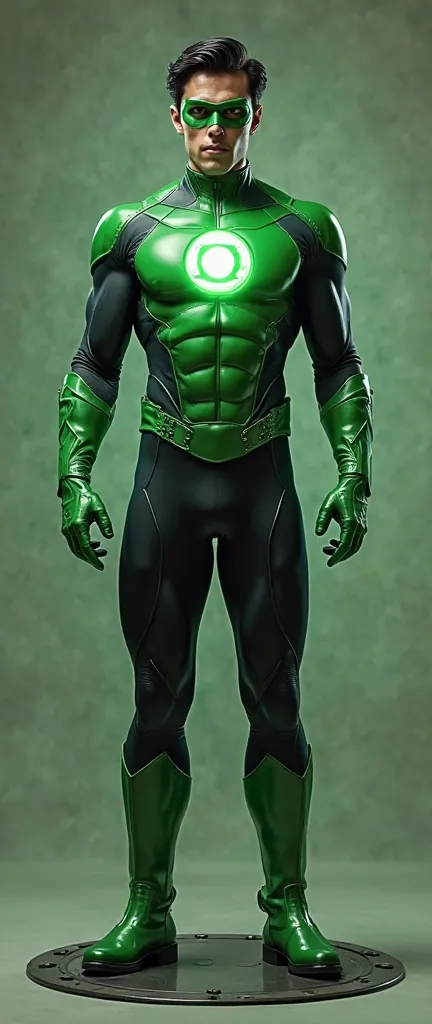 Full photorealistic shots of handsome hunky slender black hair Green Lantern.. wearing a green metallic bulging tight fit leather spandex costume... green gloves and belt and boots.. special stylized eye mask.. glowing ring...face front camera focus.. stan...