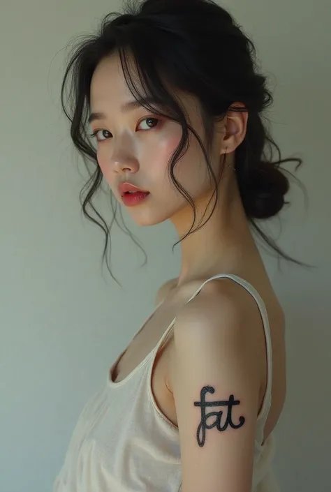 Make a realistic image of a Japanese woman with a tattoo written on her arm "fat "