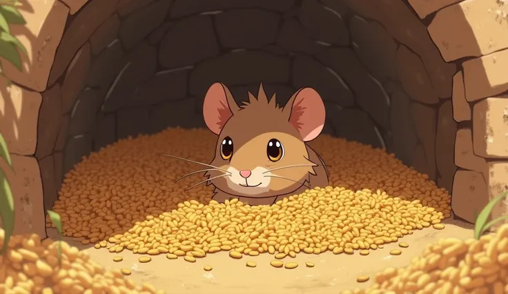 (Highest quality, masterpiece, High resolution)、4K Anime Art、Soft Light, A sneaky Brown colour rat inside its burrow, surrounded by a large pile of golden rice grains, content and satisfied, with the burrow walls filled with rice.