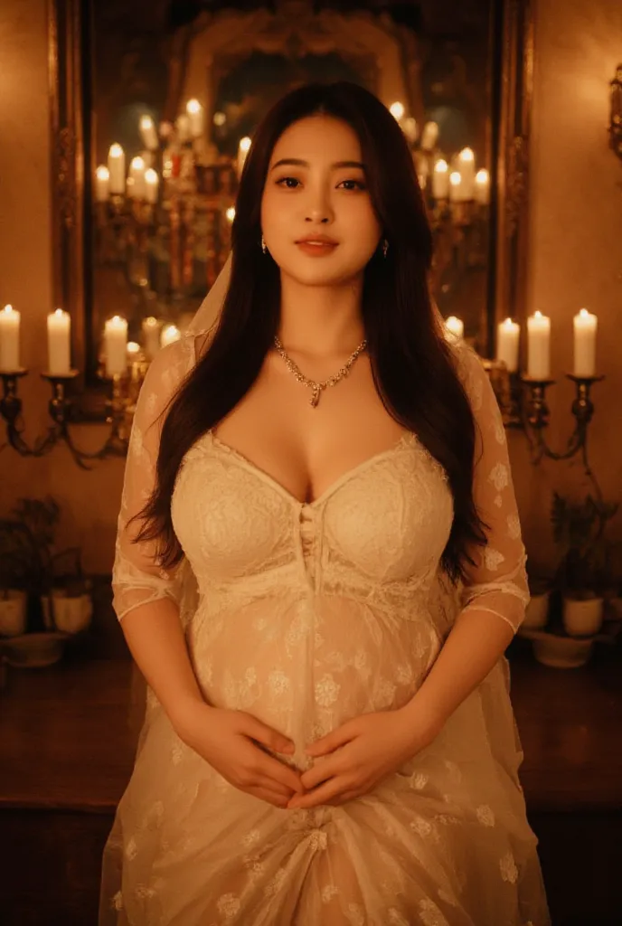 (top-quality, ​masterpiece, 8K HDR high-resolution, NSFW, ultra-wide full body portrait), (a 20yo young beautiful gorgeous voluptuous thick busty curvy Asian), perfect large perky breasts, straight long hair, nighttime with bright candles light, natural be...