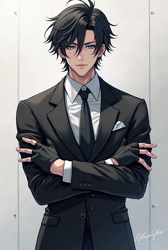 A black and white suit with long blue eyes with black disheveled fluffy hair with a muscular black and white suit slightly above average (A handsome anime male wearing gloves wearing a jacket) A Handsome Anime Boy Wearing Fingerless Gloves 1.92 tall 