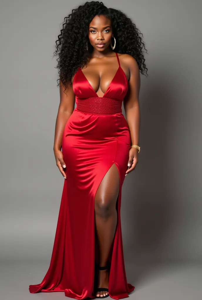 2147483643

Black woman , Young, 19 years old, curly black hair, athletic body design, big boobs, wide hips,  thin waist, fitness, green eyes, full body photo, She is wearing a detailed red silk dress,  with a black heel 