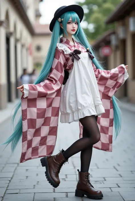 A photo of a slim beautiful woman in hatsune-miku cosplay costume. She is wearing japanese clothes contains checkered kimono with long wide sleeves and long white apron, and brown boots. She has long aqua twintails hair with hair bow and hair ornament, dyn...