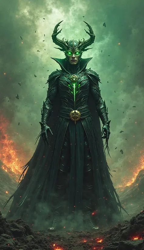 "A terrifying and surreal fusion of Hela and Doctor Strange, a nightmarish hybrid of death and dark sorcery, stands amidst a shattered, apocalyptic wasteland. The sky above is a swirling storm of black voids and burning, crimson cosmic energy, with thunder...