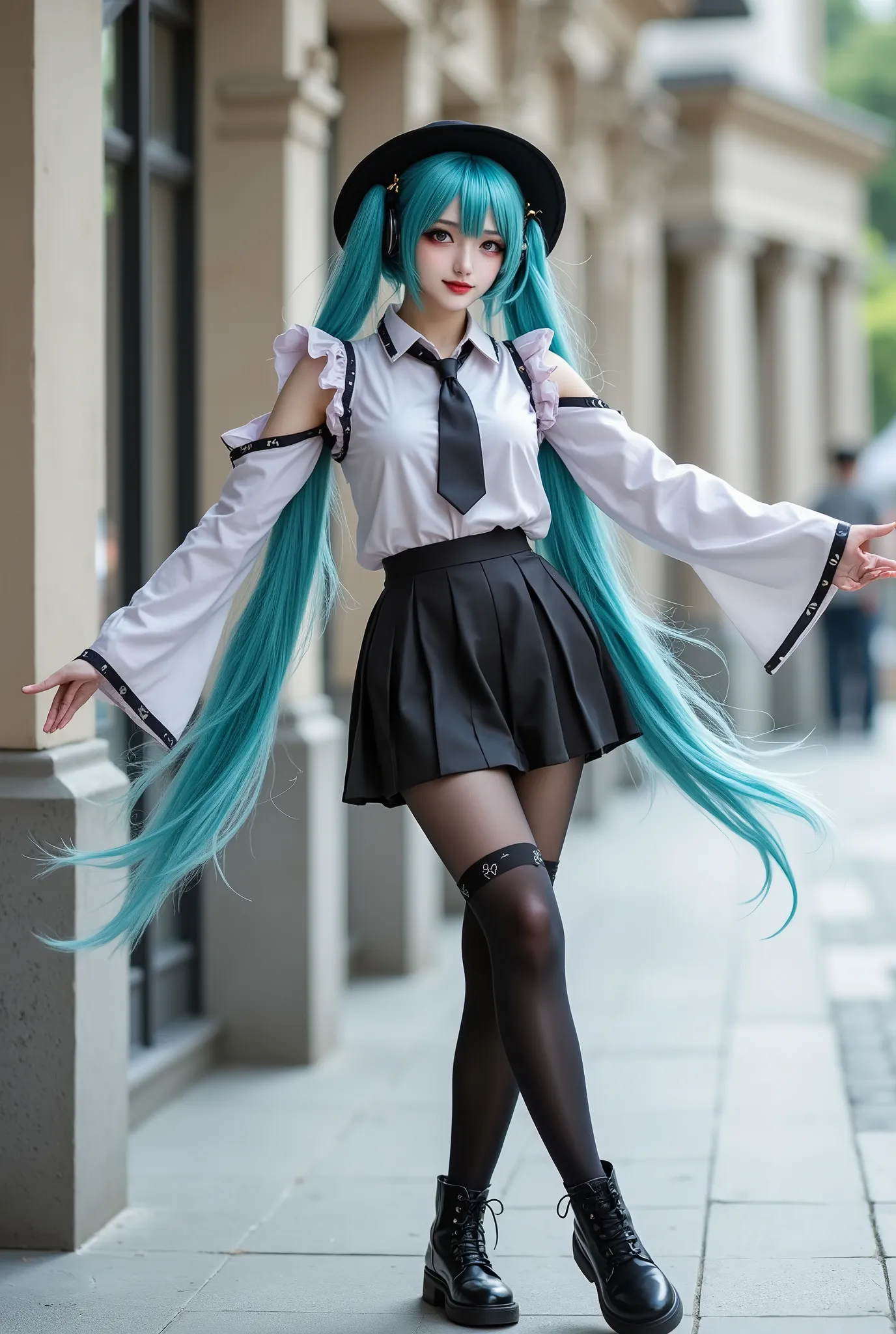 a woman in hatsune miku cosplay attire, she is wearing shirt with detached sleeves and necktie and pleated skirt and thigh boots, she has shoulder tattoo and a very long aqua twintails with hair ornament and headset, dynamically posing with arms spread wid...